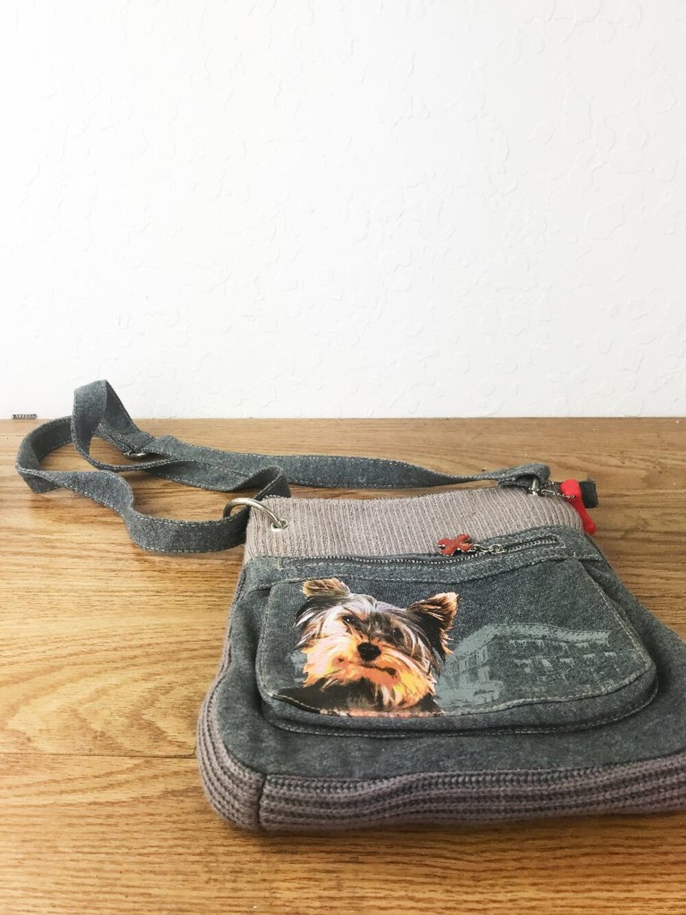 Fuzzy Nation Yorkshire Terrier Crossbody Bag -Denim Fabric w/ Faux‑Fur Interior
